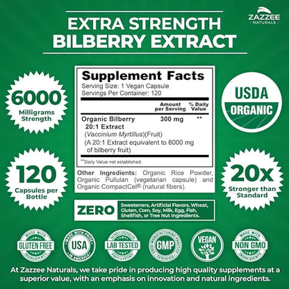 Zazzee USDA Organic Bilberry 20:1 Extract, 6000 mg 120 Vegan 4 Month 20X Extract, 100% Vegetarian,