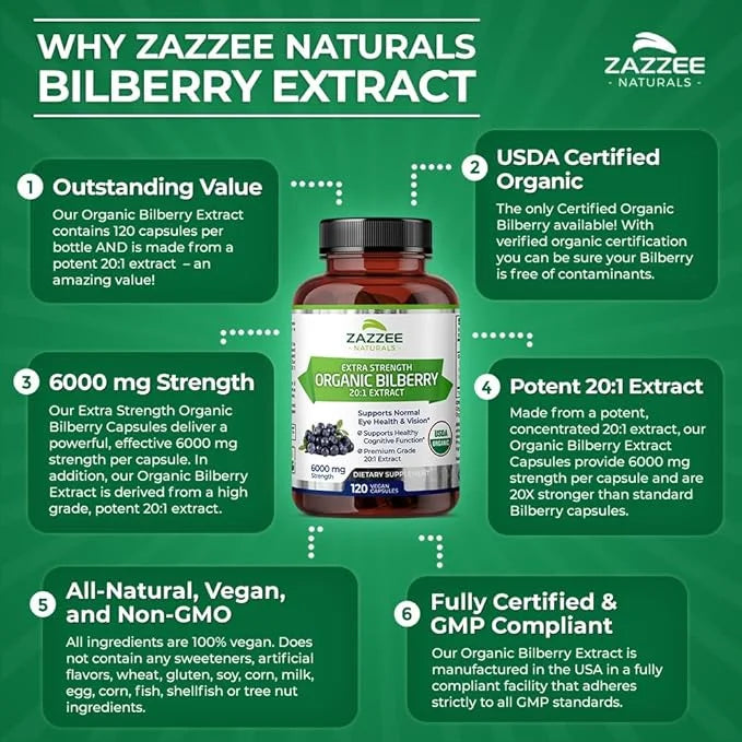 Zazzee USDA Organic Bilberry 20:1 Extract, 6000 mg 120 Vegan 4 Month 20X Extract, 100% Vegetarian,