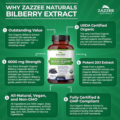 Zazzee USDA Organic Bilberry 20:1 Extract, 6000 mg 120 Vegan 4 Month 20X Extract, 100% Vegetarian,
