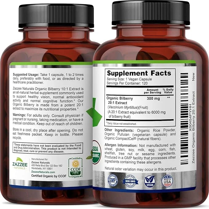 Zazzee USDA Organic Bilberry 20:1 Extract, 6000 mg 120 Vegan 4 Month 20X Extract, 100% Vegetarian,