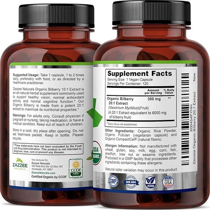 Zazzee USDA Organic Bilberry 20:1 Extract, 6000 mg 120 Vegan 4 Month 20X Extract, 100% Vegetarian,