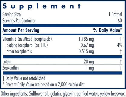 Allergy Research Group Lutein Supplement 20mg Lutein 60 Count