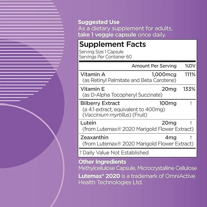 Lutein 20mg with Zeaxanthin 4mg and 100mg, Vitamin, 2020, Non 60 Servings
