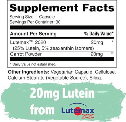 Yuve Lutein Zeaxanthin Supplement, Lutein 20mg, Lutemax2020, Eye 30 Vegan