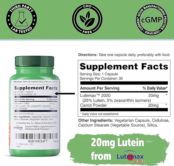Yuve Lutein Zeaxanthin Supplement, Lutein 20mg, Lutemax2020, Eye 30 Vegan