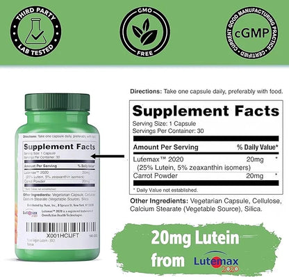 Yuve Lutein Zeaxanthin Supplement, Lutein 20mg, Lutemax2020, Eye 30 Vegan