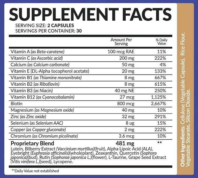 Eye Vitamin Supplement with Lutein, Zeaxanthin, 60 Veggie