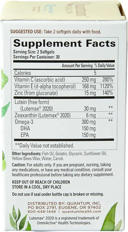 Quantum Health Macula 30+ Eye Health Omega-3, and E|60 Softgels, 30 Day