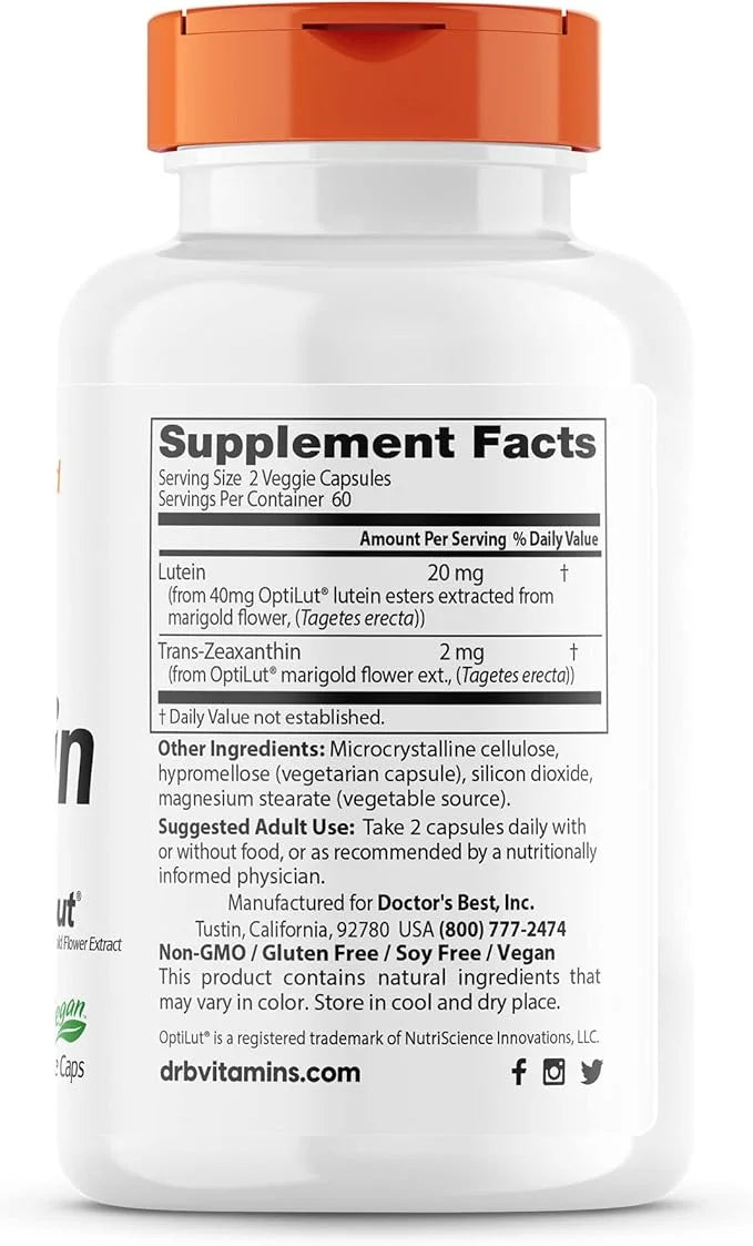 Doctor's Best Lutein with OptiLut Non-GMO, 20 mg, 120 Veggie
