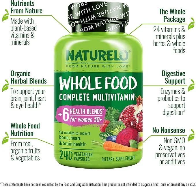NATURELO Whole Food Multivitamin for Women 50+ (Iron 50 - 240 Vegan