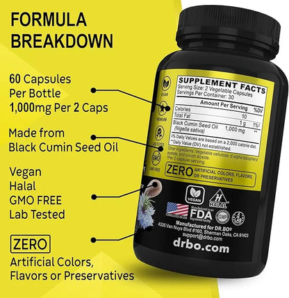 Black Seed Oil Capsules Vegan 500mg Each, 1000mg Per 2 Capsule 60 Softgels