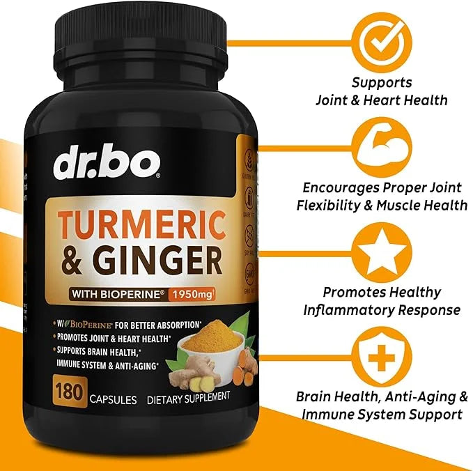 Turmeric Curcumin with BioPerine & Ginger Supplement 1950mg Organic 180 Capsules