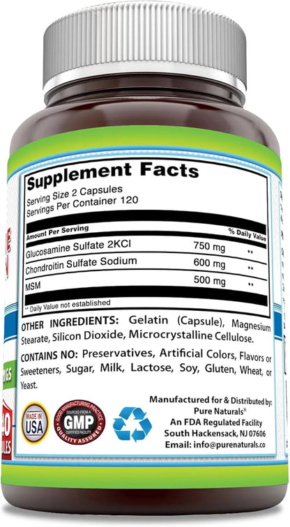 Pure Naturals Glucosamine Chondroitin + MSM Supplement 1850 Mg 240 Capsules