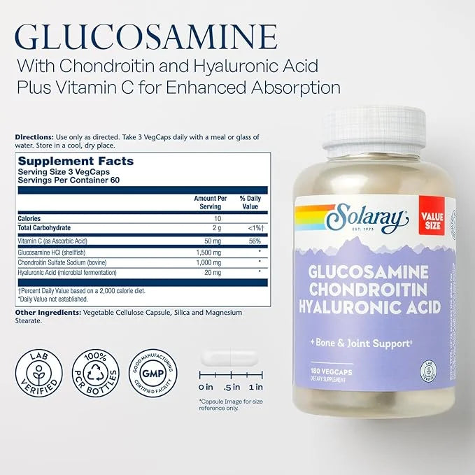 Solaray Glucosamine Chondroitin Hyaluronic Acid, Healthy 60-Day Guarantee, 60 Servings, 180 VegCaps