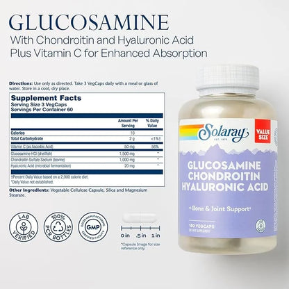 Solaray Glucosamine Chondroitin Hyaluronic Acid, Healthy 60-Day Guarantee, 60 Servings, 180 VegCaps