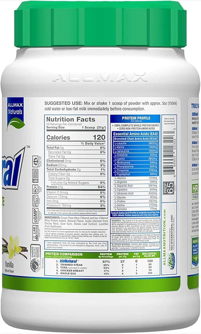 ALLMAX ISONATURAL Whey Protein Isolate, Vanilla 2 lb 27 Grams 99% Lactose 29 Servings