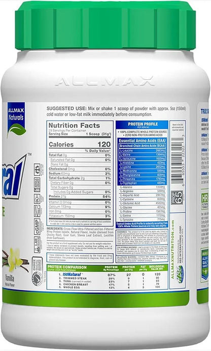 ALLMAX ISONATURAL Whey Protein Isolate, Vanilla 2 lb 27 Grams 99% Lactose 29 Servings