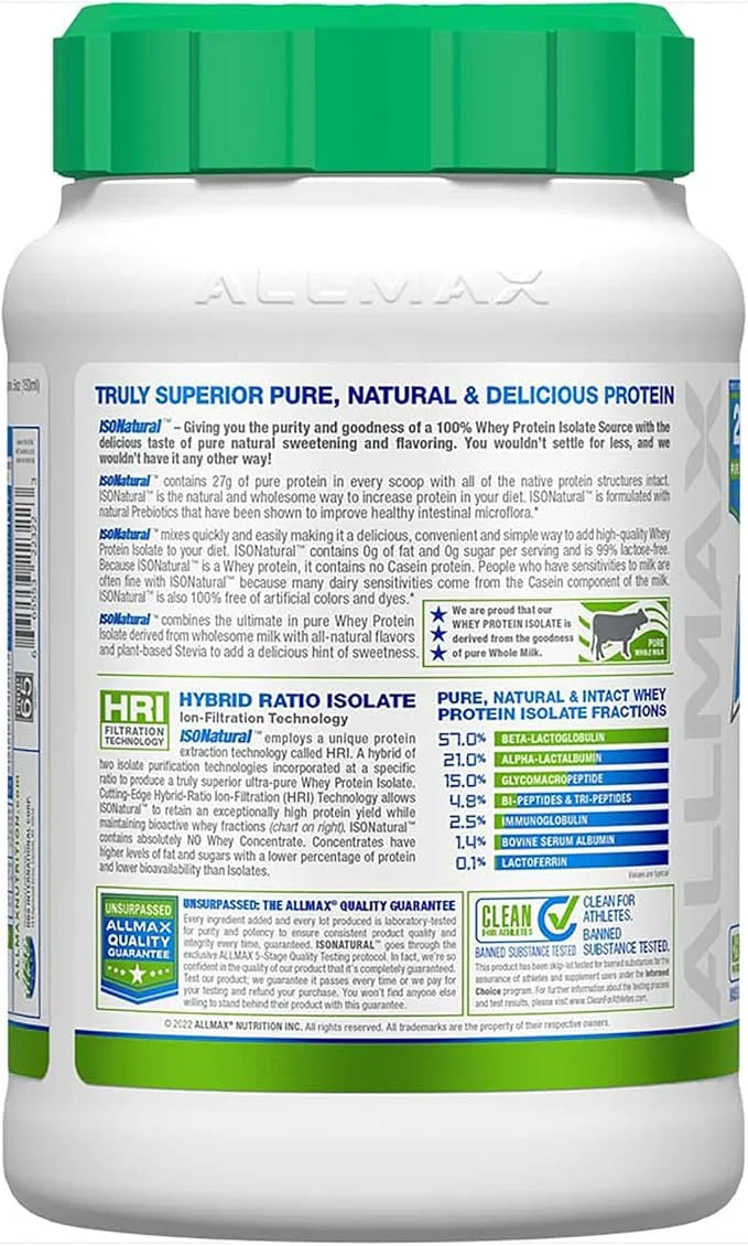 ALLMAX ISONATURAL Whey Protein Isolate, Vanilla 2 lb 27 Grams 99% Lactose 29 Servings
