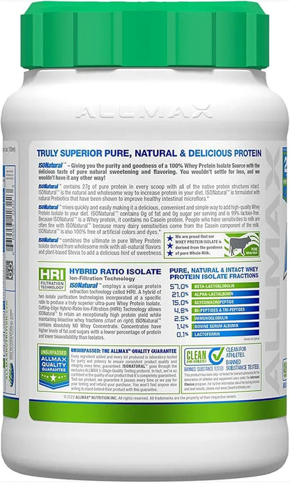 ALLMAX ISONATURAL Whey Protein Isolate, Vanilla 2 lb 27 Grams 99% Lactose 29 Servings