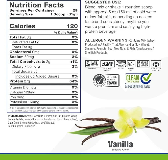 ALLMAX ISONATURAL Whey Protein Isolate, Vanilla 2 lb 27 Grams 99% Lactose 29 Servings