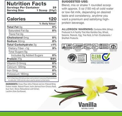 ALLMAX ISONATURAL Whey Protein Isolate, Vanilla 2 lb 27 Grams 99% Lactose 29 Servings