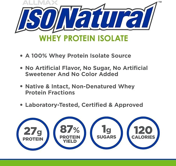 ALLMAX ISONATURAL Whey Protein Isolate, Vanilla 2 lb 27 Grams 99% Lactose 29 Servings