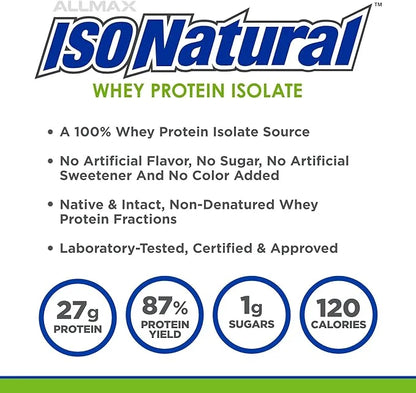 ALLMAX ISONATURAL Whey Protein Isolate, Vanilla 2 lb 27 Grams 99% Lactose 29 Servings
