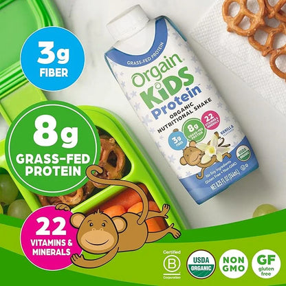 Orgain Organic Kids Nutritional Protein Shake, 8g Dairy 3g Fiber, 22 Vitamins 8.25 Fl 12)