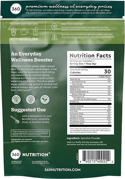 360 Nutrition Spirulina Powder, Vitamin A, 6g Plant 2 oz