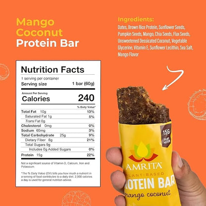 AMRITA Mango Coconut Vegan Protein Bars, 15g Plant