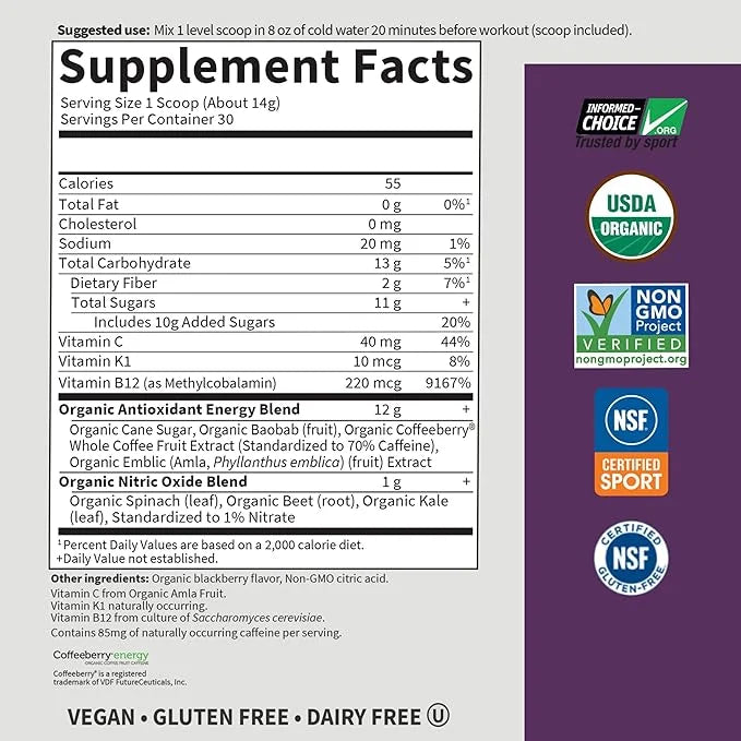 Garden of Life Sport Organic Plant 85mg Caffeine, B12, Vegan, 15.3 Oz
