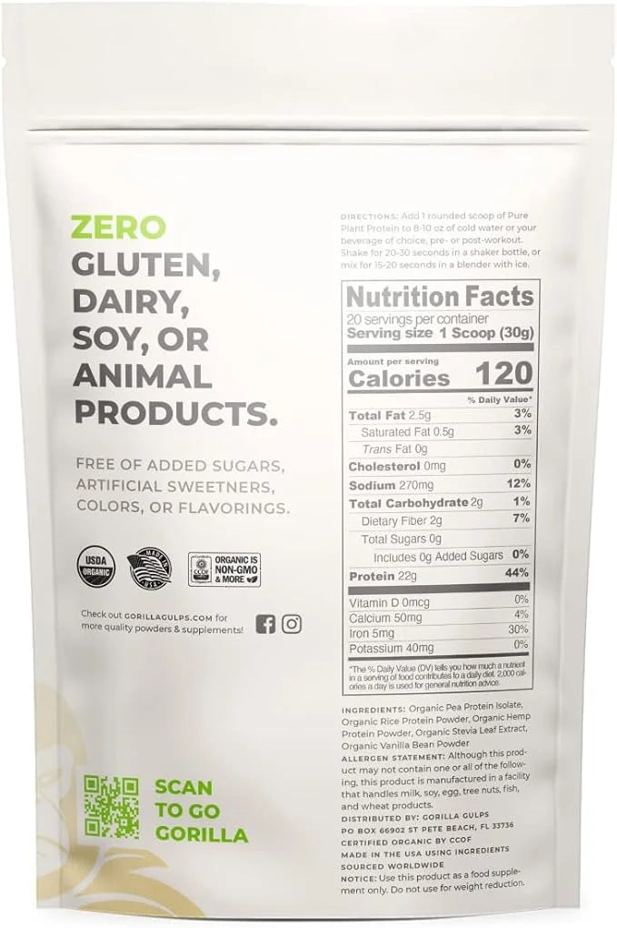 100% Organic Pure Plant Protein Powder 20 Servings