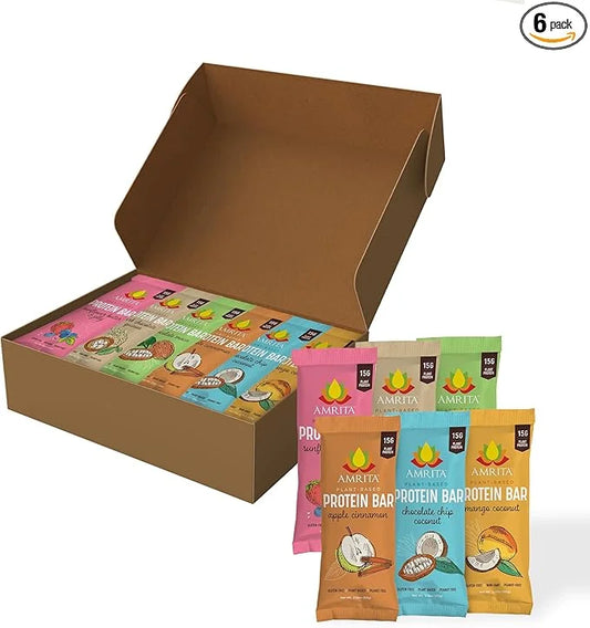 AMRITA Vegan Protein Bars Variety Pack (6 Flavors), 15g Plant