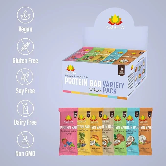 AMRITA Vegan Protein Bars Variety Pack (6 Flavors), |15g Plant