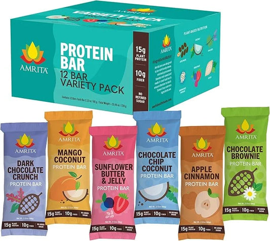 AMRITA Vegan Protein Bars Variety Pack (6 Flavors) 15g Plant