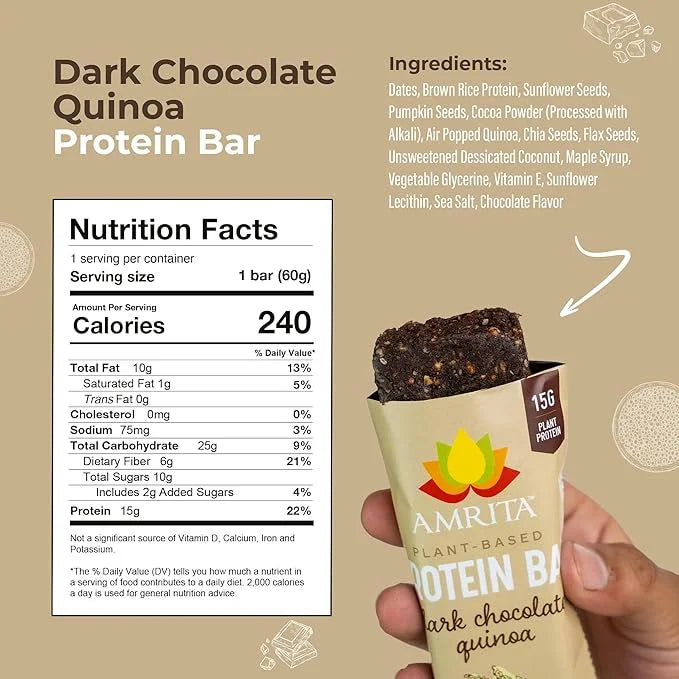 AMRITA Dark Chocolate Quinoa Vegan Protein Bars 15g of