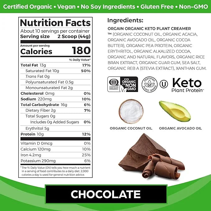 Orgain Organic Keto Vegan Protein Powder, Chocolate 10g Plant 0g Sugar*, 0.97lb