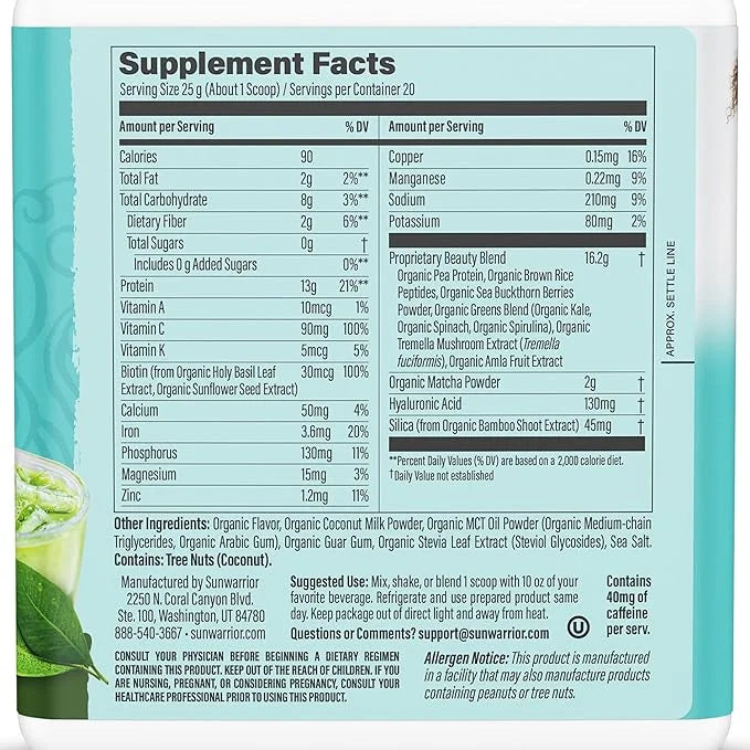 Sunwarrior Vegan Matcha Collagen Building Powder 20 Servings