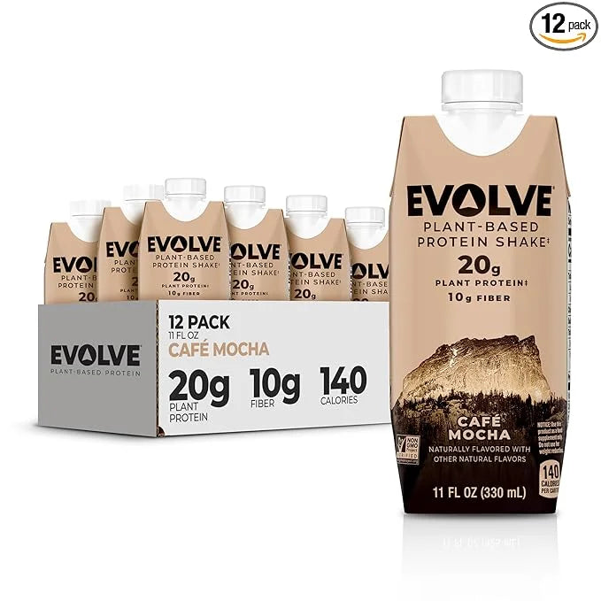 Evolve Plant Based Protein Shake, Café 20g Vegan 10g Fiber, 11oz, (12 (12 Pack)