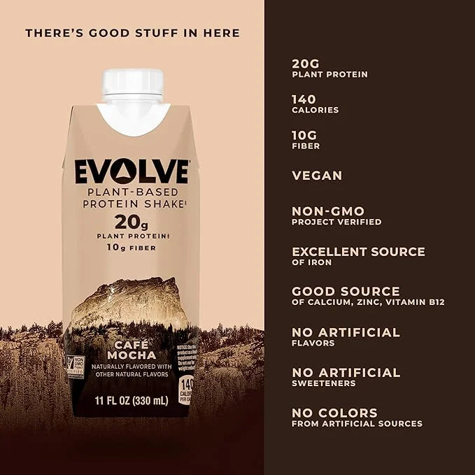 Evolve Plant Based Protein Shake, Café 20g Vegan 10g Fiber, 11oz, (12 (12 Pack)