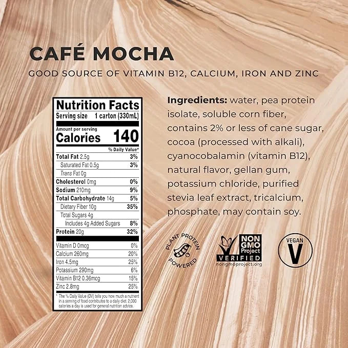 Evolve Plant Based Protein Shake, Café 20g Vegan 10g Fiber, 11oz, (12 (12 Pack)