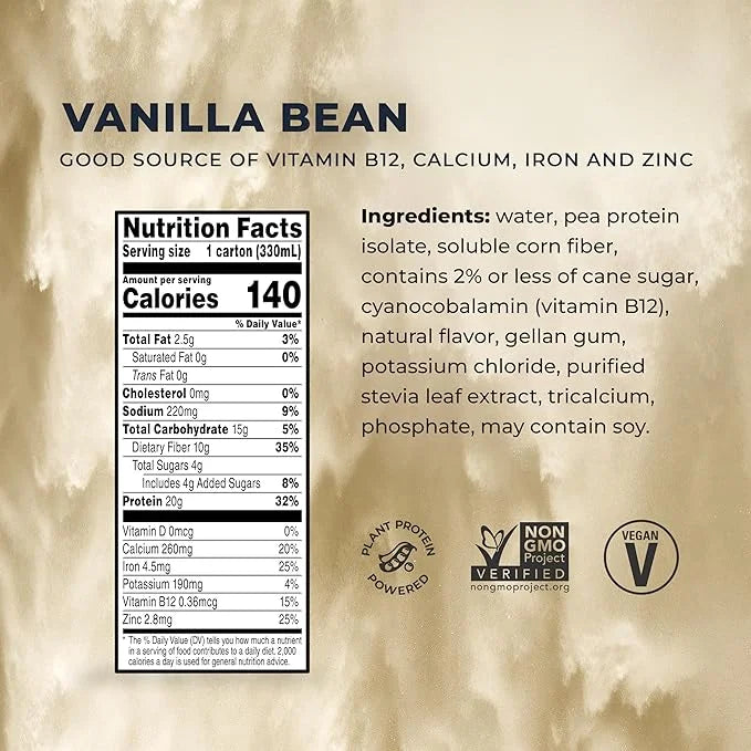 Evolve Plant Based Protein Shake, Vanilla 20g Vegan 10g Fiber, 11 Fl 12) (Formula