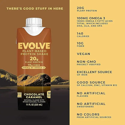 Evolve Plant Based Protein Shake, Chocolate 20g Vegan 10g Fiber, 11oz, (12 (12 Pack)
