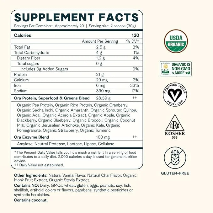 Ora Organic Vegan Protein Powder 21g Plant