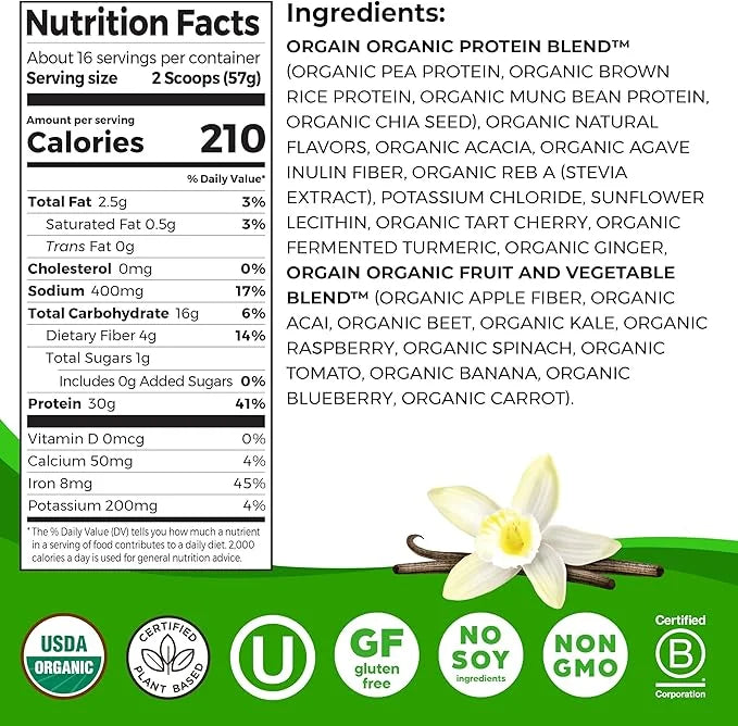 Orgain Organic 30g Vegan Protein Powder, 9g EAAs+BCAAs, 4g Prebiotic 1g Sugar, 2.01lb (Packaging