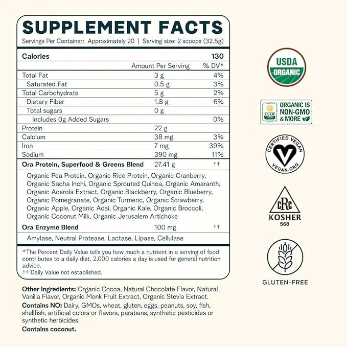 Ora Organic Vegan Protein Powder 22g Plant 20 Servings,