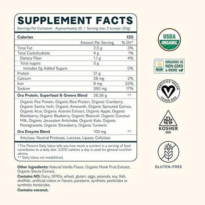 Ora Organic Protein Powder 21g Plant-Based 20 Servings,