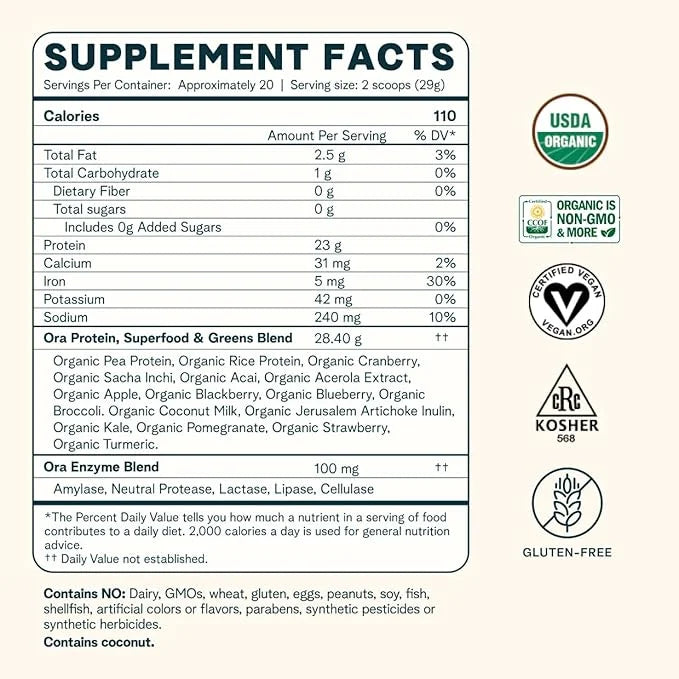 Ora Organic Vegan Protein Powder 23g Plant 20 Servings,