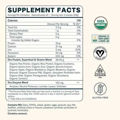 Ora Organic Vegan Protein Powder 23g Plant 20 Servings,