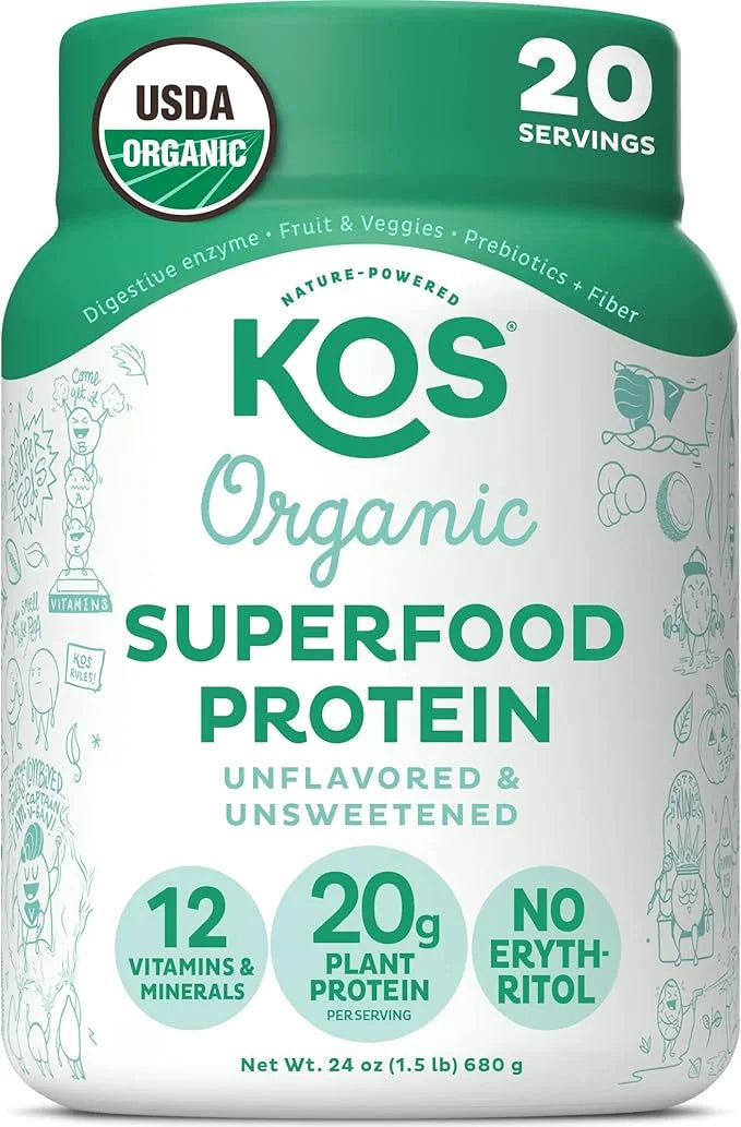 KOS Vegan Protein Powder, Unflavored & Unsweetened 20 Servings